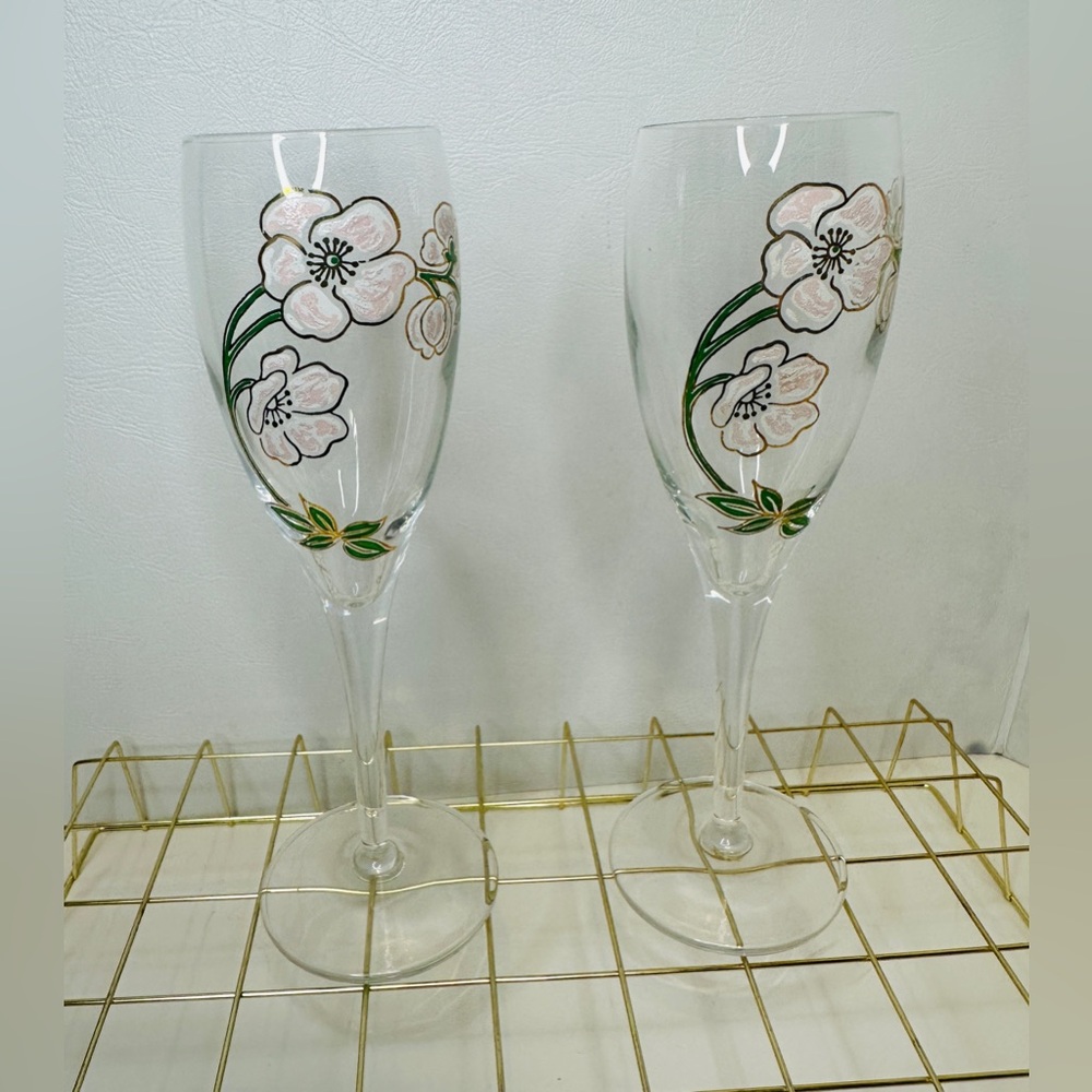 Vintage Set of 2 Hand-Painted Crystal PERRIER JOUET BELLE EPOQUE Champagne Flute